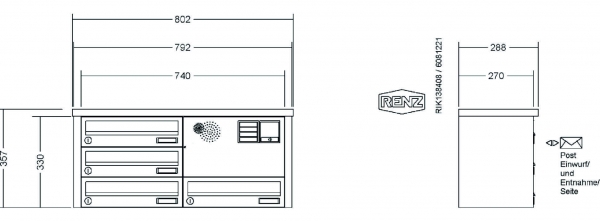 RENZ Briefkastenanlage Aufputz, Tetro, Edelstahl V4A, Kastenformat 370x110x270mm, mit Klingel - & Lichttaster und Vorbereitung Gegensprechanlage, 4-teilig